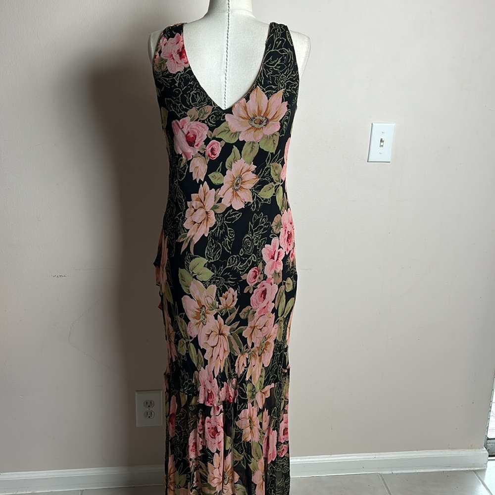 Vintage Eva Blue Chiffon Floral Layered Skirt Maxi Black Pink Dress size 12 - Picture 13 of 17
